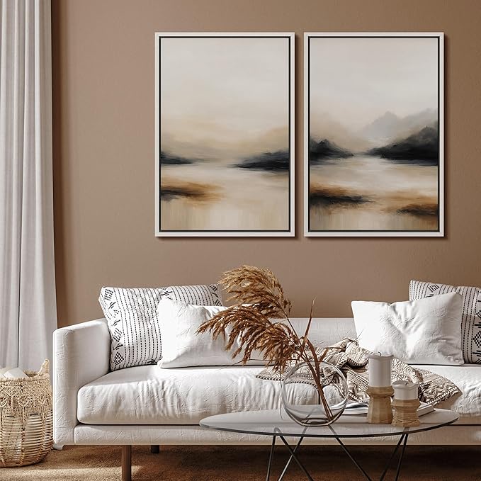 SIGNFORD Framed Canvas Print Wall Art Set Abstract Mountain Landscape Neutral Beige and Black Illustration Modern Art Decorative Nordic Nature for Living Room, Bedroom, Office - 16"x24"x2 White