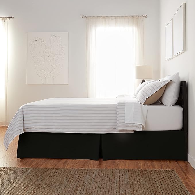 Amazon Basics Lightweight Pleated Bed Skirt, Queen, Black, Solid