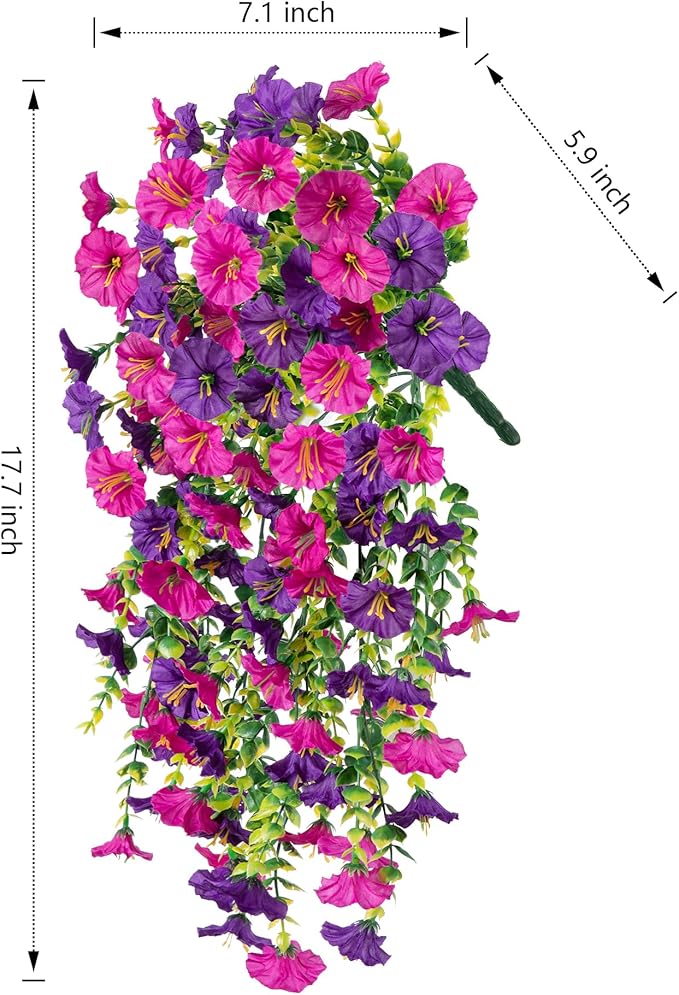 Ivydale 2 PCS Artificial Hanging Flowers Fake Plants Outdoor,Silk Morning Glory Faux Flowers with Eucalyptus Leaf,UV Resistant Realistic Hanging Petunias Plants for Home Garden Decor (Purple+Fuchsia)