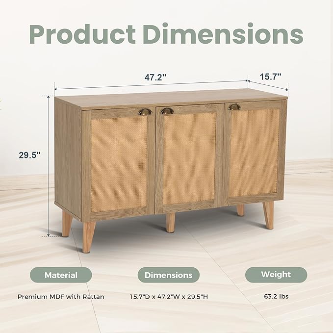 PHI VILLA Rattan Cabinet with Doors, Buffet Sideboard Cabinets Credenza, 3 Door Accent Cabinet