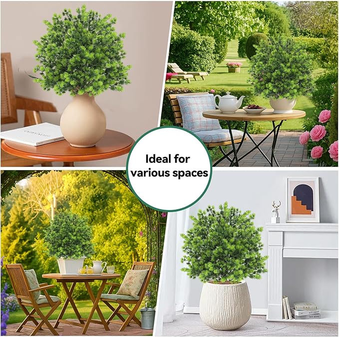 Artificial Boxwood Topiary Ball Trees with Ground Spikes UV Resistant Faux Greenery Shrubs Fake Shrubs for Outdoors, Realistic Faux Plants Bushes for Garden Porch Yard Patio Decor (Green Pine)