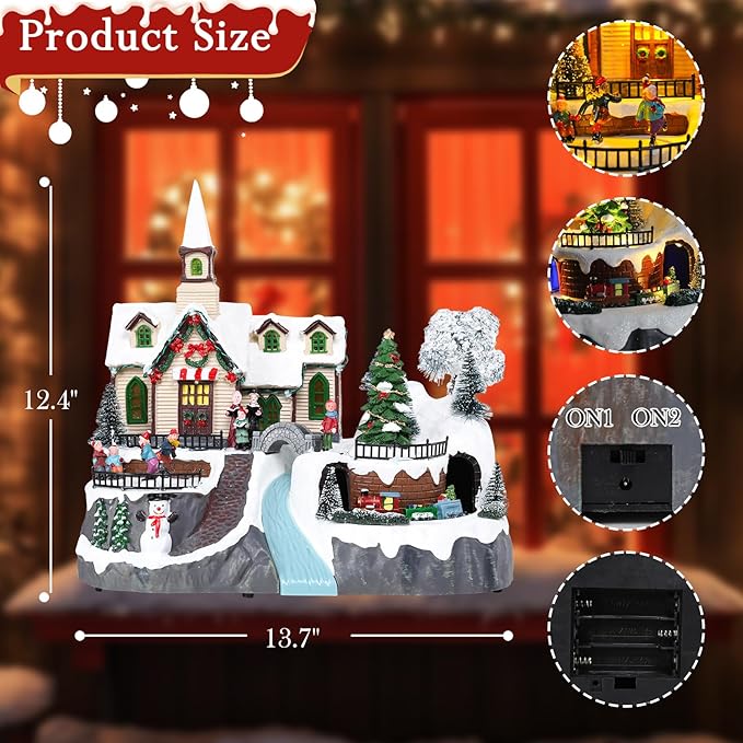 Christmas Village House Musical Christmas Collectible Buildings Church Train Snowman Children Skating with LED Lights Vacation Village with USB Indoor Figurines Indoor Tabletop Decoration