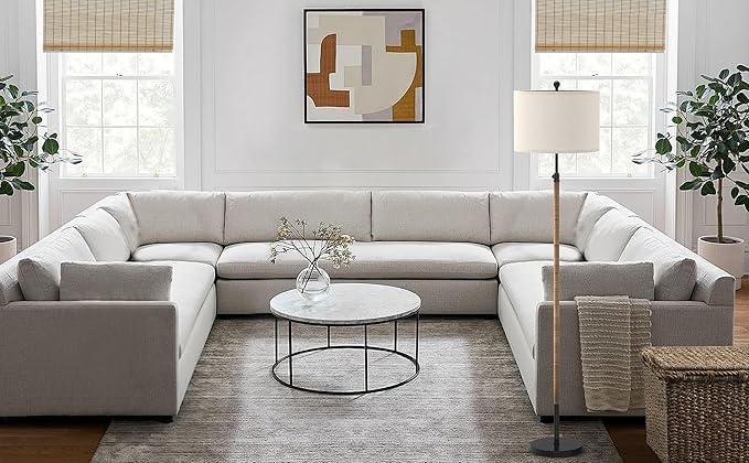 Farmhouse Rattan Floor Lamp for Living Room, Adjustable Height:65"-70" Black Standing Lamp, Boho Tall Skinny Pole Light with Oatmeal Shade for Bedroom Office