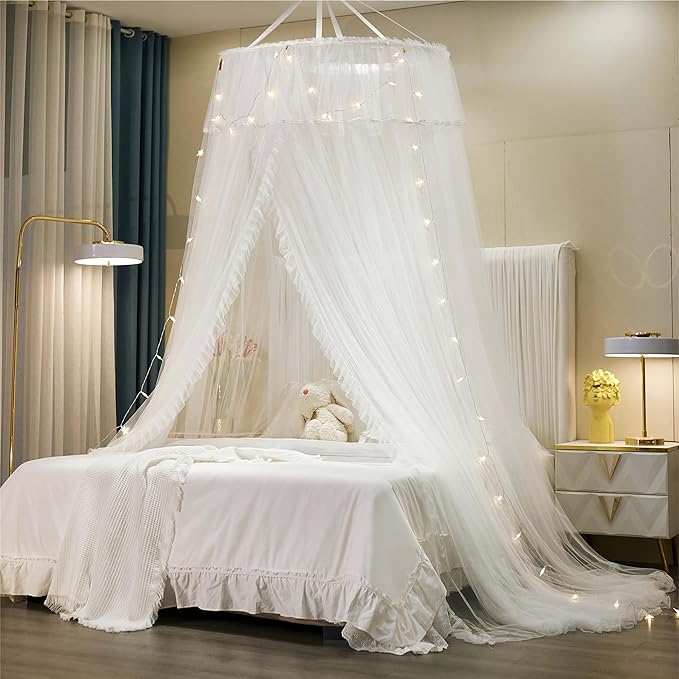 VETHIN Princess Bed Canopy for Girls Double Layer Sheer Mesh Dome Elegant Lace Mosquito Net Bed Curtain for Full Queen King Bed with led Stars String Lights(White/White)