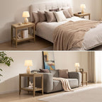 SICOTAS Rattan Night Stand Bedside Table - Farmhouse Boho Narrow End Table for Living Room - Accent Side Table with 2 Rattan Open Storage Shelves for Bedroom, Small Spaces