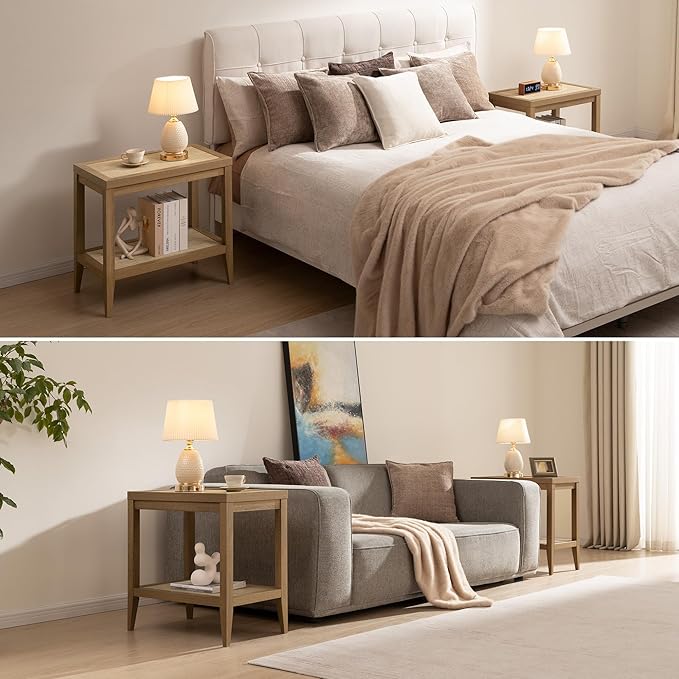 SICOTAS Rattan Night Stand Bedside Table - Farmhouse Boho Narrow End Table for Living Room - Accent Side Table with 2 Rattan Open Storage Shelves for Bedroom, Small Spaces