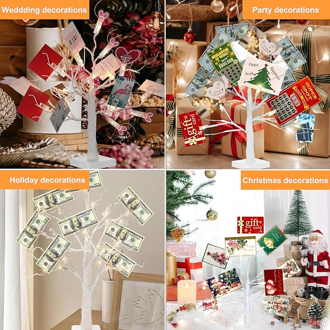 Money Tree Gift Holder, 2FT 24 LED Birch Tree with 12 Clear Clips, Battery Powered Lighted Display Card Trees for Christmas,Wedding, Photo Memo, Birthday Graduation（White）