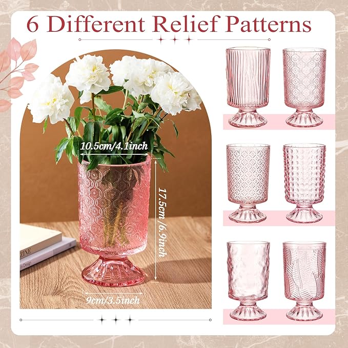 6 Pcs (H:7" W:4") Embossed Flower Vase Fall Pedestal Glass Vase Big Base Thickened Crystal Vintage Vases for Autumn Wedding Home Decor Table Centerpiece House Warming Gifts(Pink)