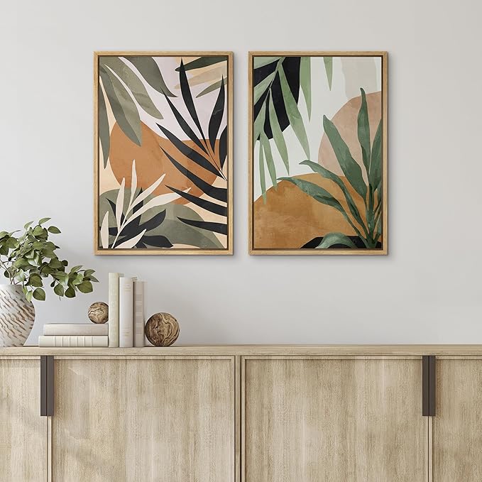 SIGNFORD Framed Canvas Print Wall Art Set Tropical Island Palm Leaf Geometric Collage Abstract Nature Illustrations Modern Art Decorative Minimalist Floral Botanical for Bedroom - 16"x24"x2 Natural
