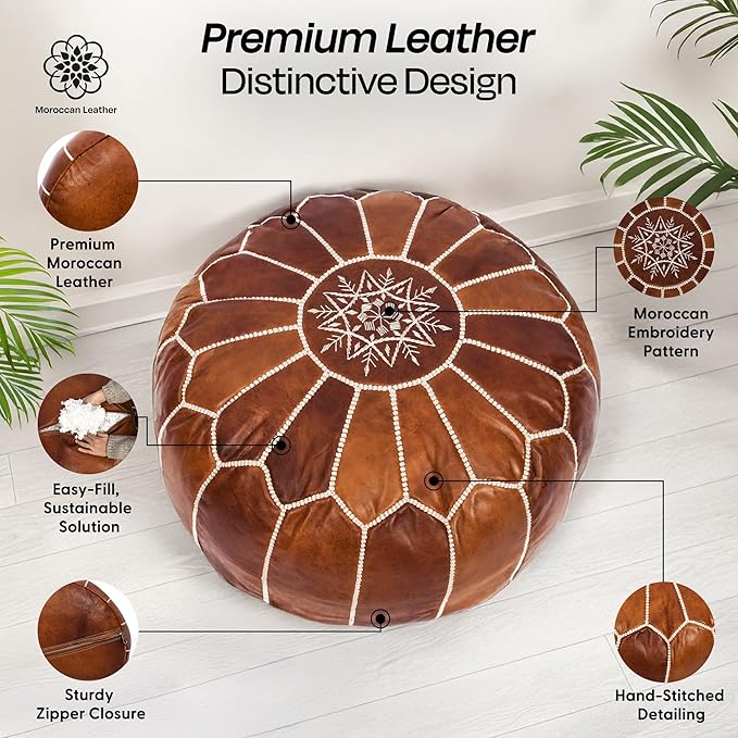 Moroccan Leather Handmade Pouf Ottoman Cover – Unstuffed Foot Stool, Boho Foot Rest for Living Room, Bedroom – Gift for Housewarming or Weddings