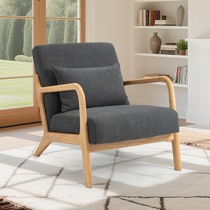 Modern Accent Chair, Cotton Linen Fabric Upholstered Lounge Armchair with Solid Wood Frame for Living Room, Bedroom, Reading Nook (Grey)