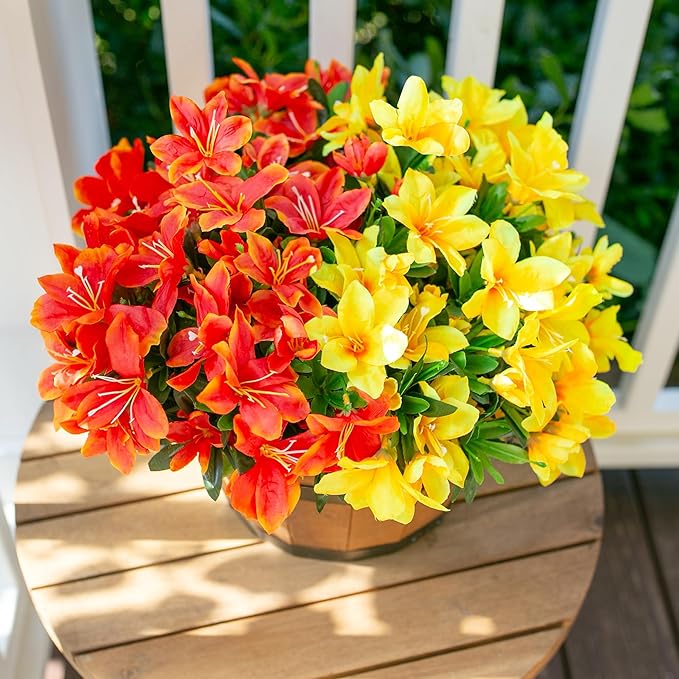 Artificial Fake Fall Flowers for Outdoors 3 Bundles Silk Azalea Flower Faux Plants UV Resistant Realistic Flowers for Outside Planter Porch Patio Yard Garden Walkways Home Decor (Orange+Yellow)
