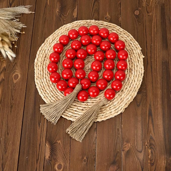 OMISHE 76" Long Large Wood Bead Garland with 1.6" Diameter Wooden Beads and Tassels, Rustic Farmhouse Country Wood Beads Garland for Home Tiered Tray Decor, Decorative Beads with Tassels Red