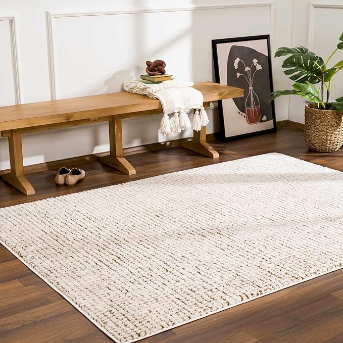 BoutiqueRugs Keita Contemporary Mosaic Area Rug - High Pile Fluffy Soft Shag Carpet for Living Room, Bedroom - Cream, Brown - 6'7" x 9' (6x9)