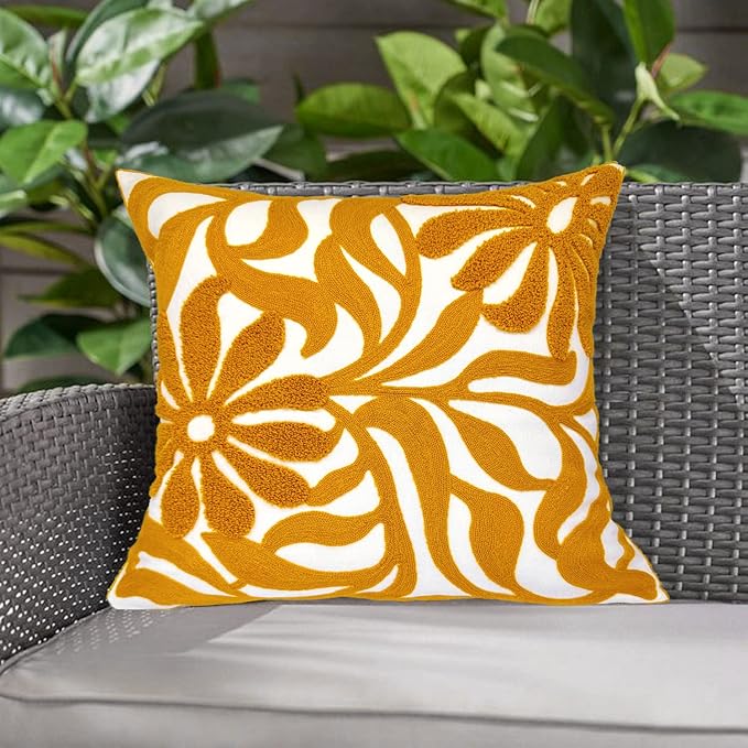 Alysheer Farmhouse Floral Leaves Embroidered Decorative Throw Pillow Cover 18x18 inches, Boho Tufted Flowers Embroidery Pattern Chic Cotton Cushion Case for Couch Bed Sofa Living Room(Mustard Yellow)