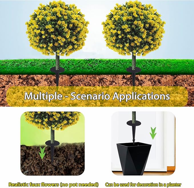 Set of 2 Artificial Boxwood Topiary Ball Trees with Yellow Flowers for Outdoor with Ground Spike 29.5", UV Resistant Faux Greenery Shrubs, Fake Plants for Garden, Porch, Patio Valentine's Day Decor