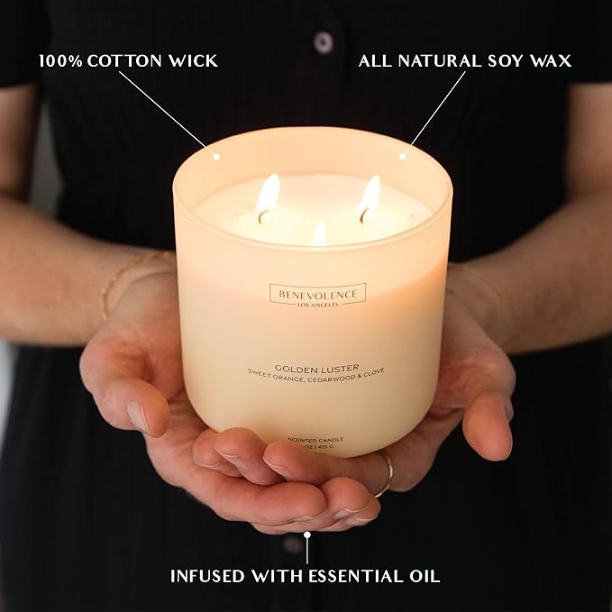 Orange, Cedarwood & Clove – Benevolence LA Large 3-Wick Fall Scented Candle for Home | 15oz, 50-Hour Burn | Soy Wax, Cotton Wicks | Warm & Inviting Autumn Fragrance | Malibu Sands Collection