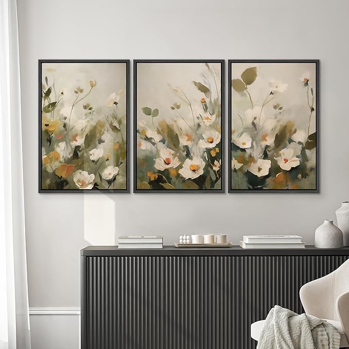 SIGNWIN Framed Canvas Print Wall Art Botanical Floral White Blossoms and Greenery Photography Modern Art Minimalist Black and White for Living Room, Bedroom, Office - 16"x24"x3 Black