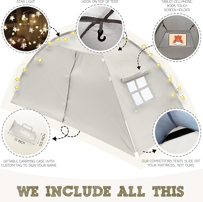 Beige Twin Bed Tent for Kids Indoor Fort - Magical Dream Tents for Boys Pop Up Toddler Bed Canopy for Girls Bunk Bed Tent for Top Bunk - Sensory Sleep Pod for Kids Educational