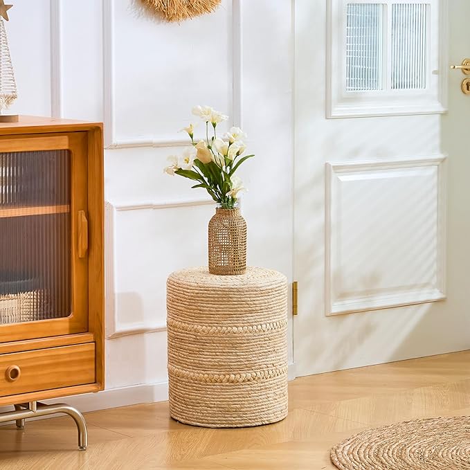 Wimarsbon Natural Seagrass Foot Stool, Hand Weaving Round Ottoman, for Living Room, Outdoor Seat (Beige Corn)