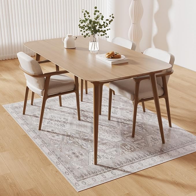 Floor Mat for Home 5×7ft, Easy Clean Plastic Rug-Like Pattern Area Mat for Living Room, Waterproof Vinyl Area Rug for Under Kitchen Table, No Slip Soft Vintage Rug for High Traffic Area (White)