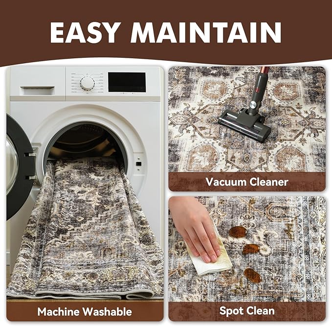 Runner 2x6 Runners for Hallways Rug Soft Kitchen Runner-Rugs for Bedroom Machine Washable Rug Vintage Oriental Floral Medallion Laundry Non Slip Brown