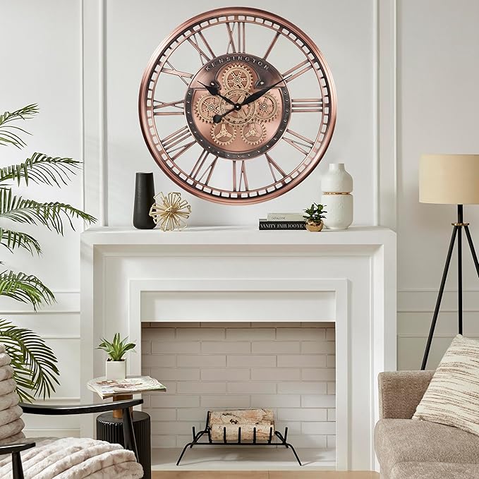 CLXEAST 28 Inch Oversized Large Moving Gears Wall Clock,Industrial Vintage Rose Gold Silent Wall Clock for Modern Farmhouse Living Room Home Decor,Copper Finish