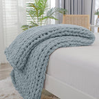 Bigacogo Chunky Knit Throw Blanket for Couch, 40x60 inches, 100% Hand Knitted with Thick Jumbo Chenille Yarn, Cozy Soft Large Rope Knot Cable Crochet Blankets for Sofa Bed Living Room, Dusty Blue