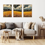 HLNIUC Mystical Moonlight Framed Wall Art Set,Night Moon Wildflower Canvas Wall Decor,Full Moon Mountain Flower Art Print,Large Golden Floral Landscape Wall Painting for Living Room,Office - 16”x24”x3