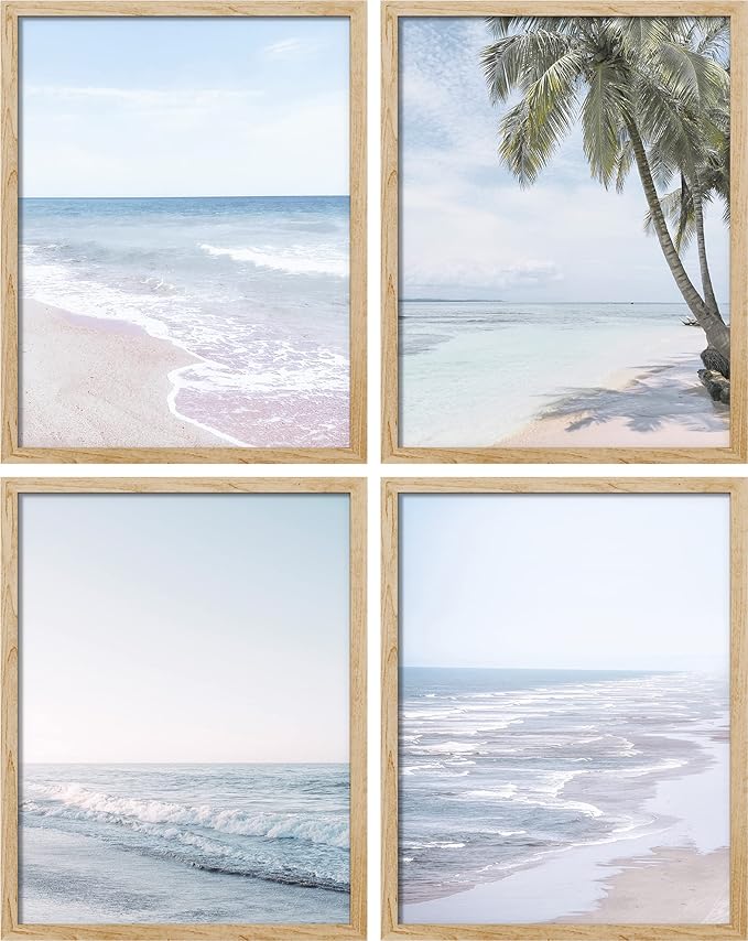 SIGNWIN Framed White Pastel Tropical Island Ocean Beach Shore Wall Art, Set of 4 Landscape Colorful Wall Decor Prints, Nature Wilderness Wall Décor for Living Room, Bedroom - 11"x14" Natural