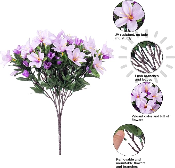 Artificial Flowers for Outdoors, 3 Bundles Fake Silk Azalea Bouquet Faux Flower Plants Outside Decoration UV Resistant Realistic Fake Flowers for Planter Front Door Patio Garden Walkways Home, Purple