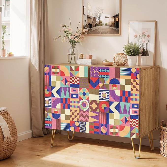SIGNWIN Sideboard Buffet Cabinet, Kitchen Storage Cabinet with 2 Doors, Vibrant Polygon Collage Patterns, Cupboard Console Table for Dining Room - 35" L x 18" W x 29" H