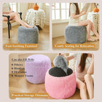 XeGe Fluffy Faux Fur Inflatable Pouf Ottoman, Soft Portable Shaggy Fuzzy Foot Stool, Gray Plush Furry Foot Rest Floor Pouf, Round Ottoman Cushion Living Room Bedroom Patio Dorm Desk, Light Grey