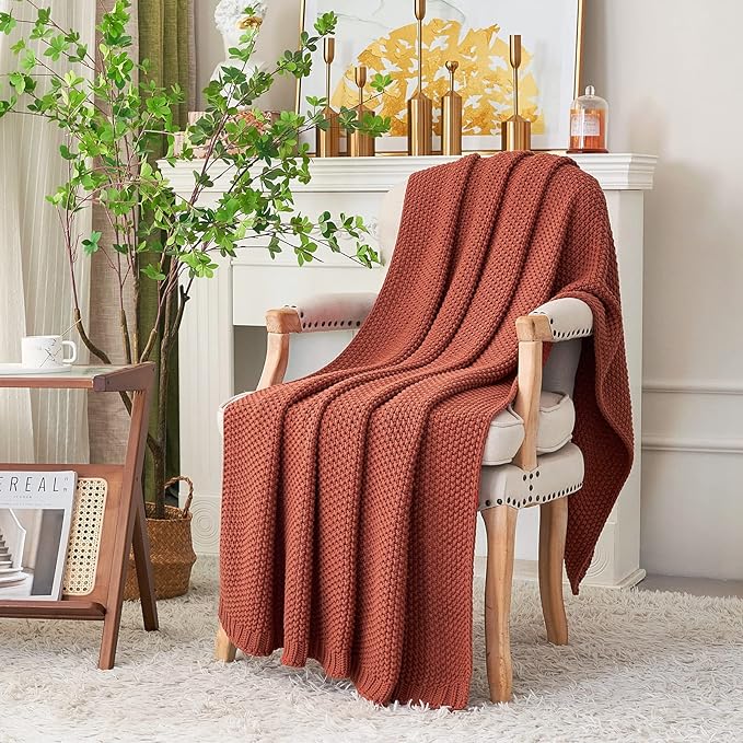 Longhui bedding Chunky Cable Knit Throw Blanket Lightweight Rust 100% Organic Cotton Blanket for Sofa Couch Bed Baby Nursery, Rustic Shabby Chic Modern Farmhouse, 60” x 80” Give Laundering Bag