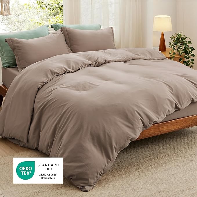 Bedsure Duvet Cover Queen Size with Fitted Sheet - 4 Pieces Prewashed Cotton-Like Extra Soft Bedding Set, Includes 1 Duvet Cover 90x90 Inches with Zipper Closure, 2 Pillow Shams, 1 Fitted Sheet, Khaki