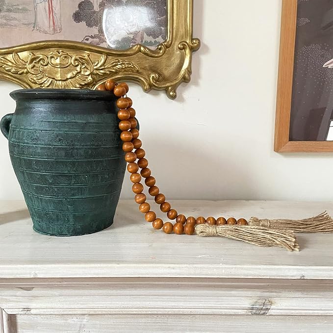 OMISHE 59in Wood Bead Garland with Tassels, Decorative Beads Decor, Farmhouse Wooden Beads Garland for Wall Hanging Home Festival Decor, Brown
