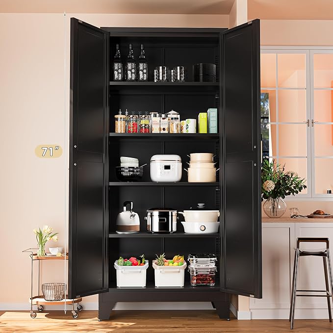 71'' Farmhouse Metal Storage Cabinet with Barn Doors,Steel File Cabinet for Home Office,Kitchen Pantry 4 Adjustable Shelves,Freestanding Cupboard for Kitchen,Home Office (Black)
