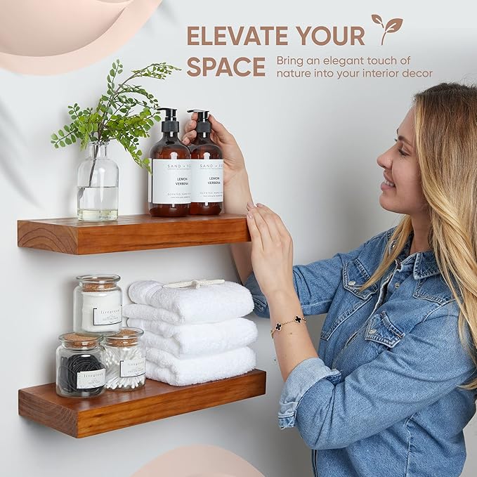 Homeforia 12 inch Oak Floating Shelf, High End Solid Real Wood 12inch Small Floating Shelves for Wall Mounted, Honey Oak Wooden 12in Floating Shelves, Heavy Duty Bracket, 12 X 6.5 X 1.75 in, Set of 4