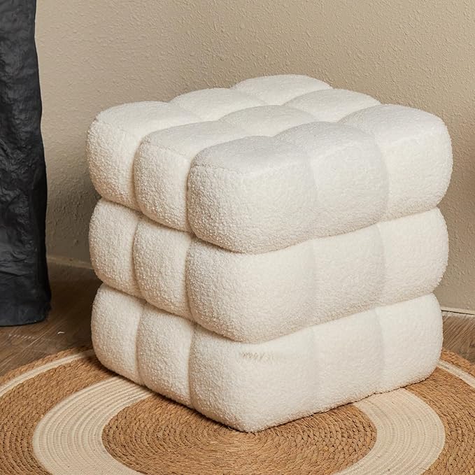White Square Ottoman 17''3 Cube Pouf Installed,Sturdy Wooden Frame,Capacity 330 lbs,Modern Sofa Stool Fuzzy Sherpa Footstool,Foot Rest,Cube Boucle,Vanity Stool,for Couch Living Room