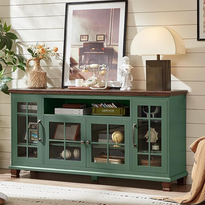 Large Sideboard Buffet Cabinet with Storage, Vintage Green Farmhouse 60" Wide Credenza Accent Cabinets with Glass Doors & Wood Legs, Kitchen Coffee Bar Table for Dining Room, Living Room