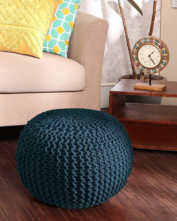 REDEARTH Round Pouf Bean Bag Ottoman - Foot Stool Hand Knitted - Home Decor Pouffe Stuffed - Cable Boho Poof Beanbag Footrest for Living Room - Nursery - Bedroom - Patio (19.5"x19.5"x14") - Teal