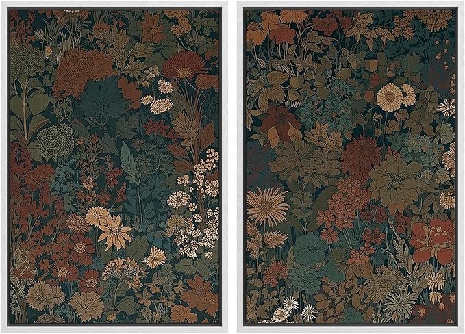 SIGNFORD Framed Canvas Print Wall Art Set Vintage Botanical Floral Dark Green and Rust Toned Illustration Modern Art Decorative Nordic Nature for Living Room, Bedroom, Office - 16"x24"x2 White