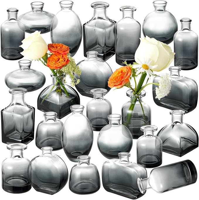 24 Pack Black Clear Bud Vases, Small Glass Mini Vases – Modern Small Decorative Vases in Bulk for Floral Arrangements, Wedding Centerpieces, Table Decor, Home & Party Decorations
