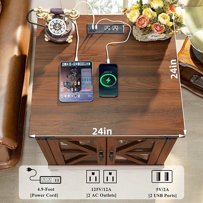 Farmhouse End Table with Charging Station, 24" Large Sofa Side Table with Glass Barn Door, Green Nightstand with Adjustable Storage Shelf, Wood Square Bedside Table for Living Room, Bedroom