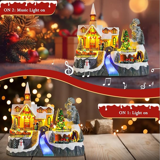 Christmas Village House Musical Christmas Collectible Buildings Church Train Snowman Children Skating with LED Lights Vacation Village with USB Indoor Figurines Indoor Tabletop Decoration