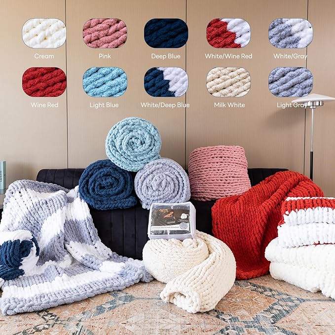Chunky Knit Blanket - Luxury Soft Cozy 60 * 80 Throw Blanket,100% Woven Blanket Rope Knot Throw Blanket for Couch, Sofa, Home Decor, Gift - Machine Washable（White/Deep Blue）