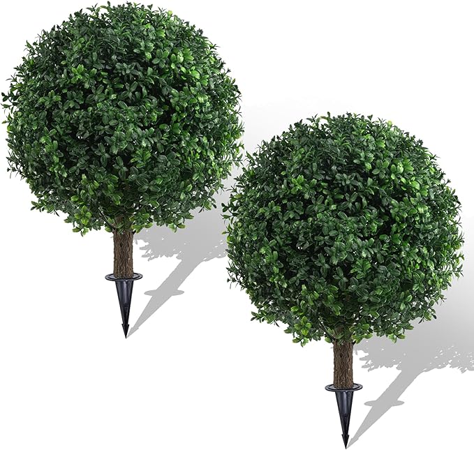Set of 2 Artificial Boxwood Topiary Ball Trees for Outdoor with Ground Spike 22", UV Resistant Faux Greenery Shrubs, Fake Boxwood Plants for Indoor, Garden, Yard, Porch, Patio Decor