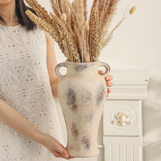 Rustic Ceramic Vase with Handle, 12.6 inch Large Handcrafted Farmhouse Decorative Pottery Vase for Table Centerpiece, Wedding Decor, or Entryway Arrangement