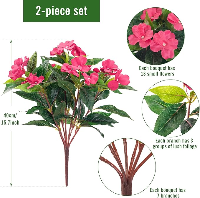 Artificial Impatiens Bouquet Flowers for Outdoors Silk Faux Flowers for Outdoor Impatiens Plants Decor Indoor Planters Kitchen Planters and Balcony Decorations 2PCS（Rose Red）