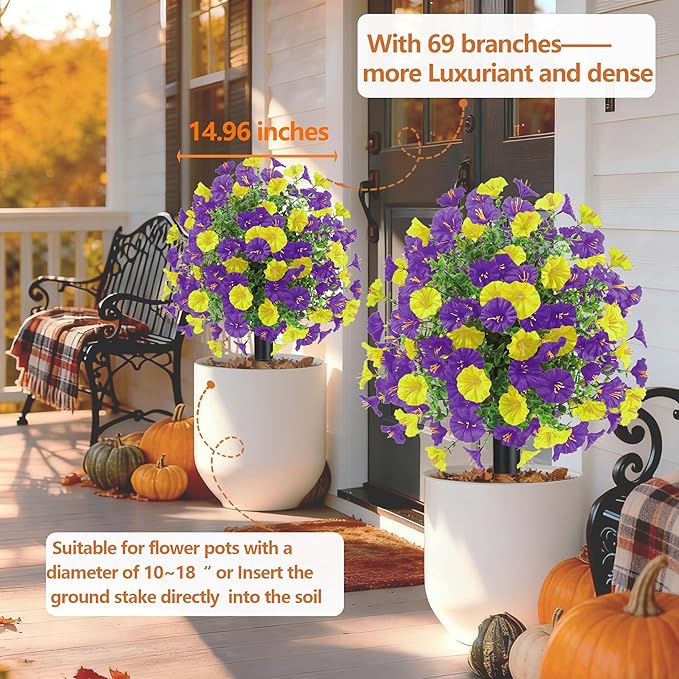 22.8" Set of 2 Fall artificial Boxwood topiary Ball tree for outdoors with Spike,UV Resistant Faux Shrubs Outdoor with morning glory flowers,Faux Plants Bushes for Garden Porch Yard Patio Decor YP